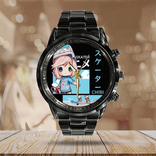 Kawaii Chibi Skater Skateboard Japanese Aesthetic Calendar Steel Band Watch
