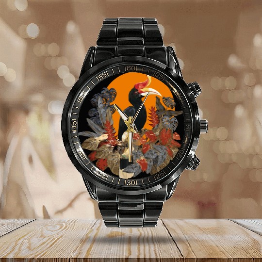 Low Polygonal Of Rhinoceros Hornbill Birds Calendar Steel Band Watch