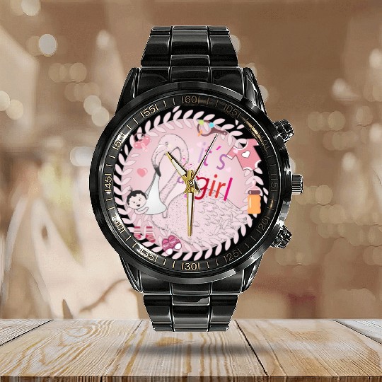 Flamingo with baby and baby paraphernalia in pink Calendar Steel Band Watch