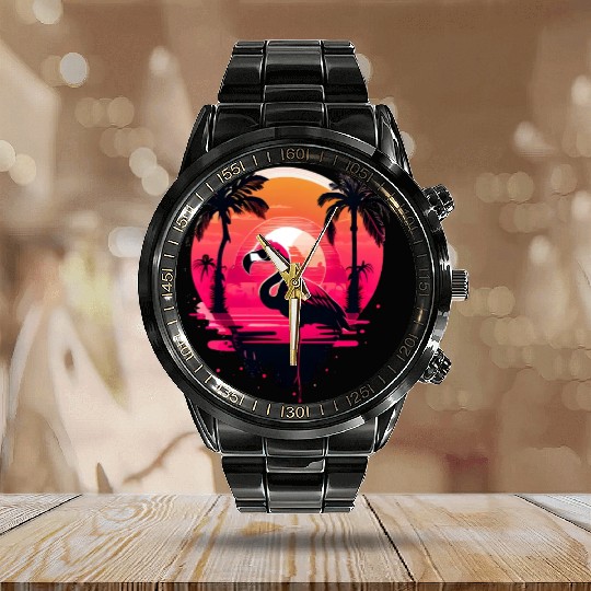 Retro Sunset Pink Flamingo Summer Design Flamingo Calendar Steel Band Watch