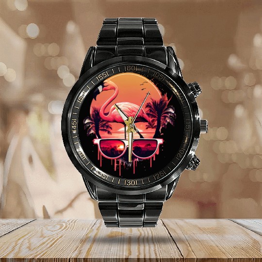 Retro Sunset Pink Flamingo Summer Design Flamingo Calendar Steel Band Watch