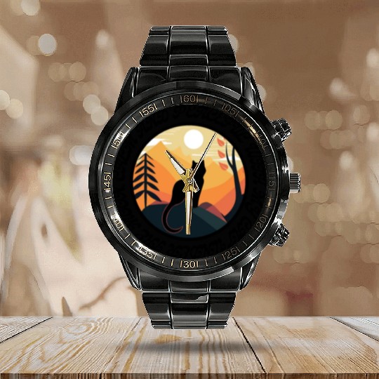 Calm and peaceful with my cat under the moon Calendar Steel Band Watch