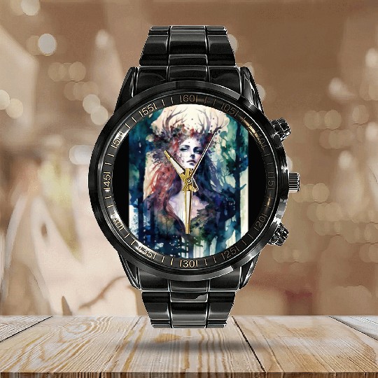 Nature Goddess - Woodland Witchy Forest Greenwoman Calendar Steel Band Watch