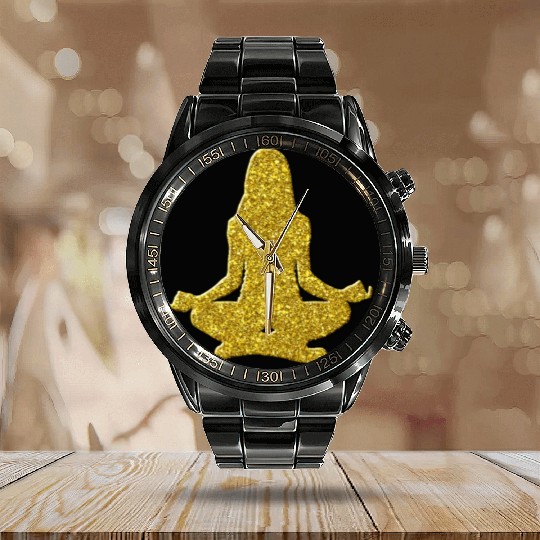 Meditation zen Yoga Golden Icon Calendar Steel Band Watch