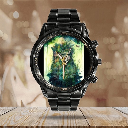 Nature Goddess - Woodland Witchy Forest Greenwoman Calendar Steel Band Watch