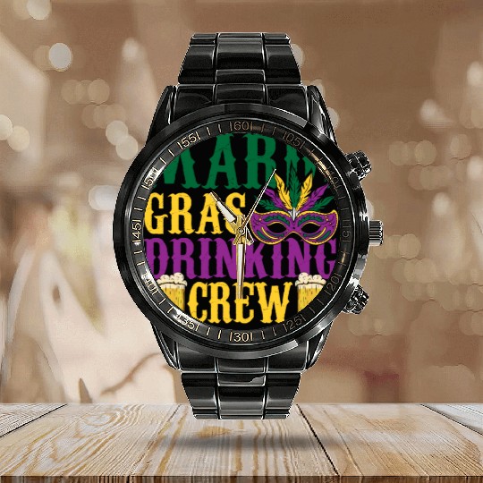 Mardi Gras Drinking Crew Carnival Beads Mask Calendar Steel Band Watch
