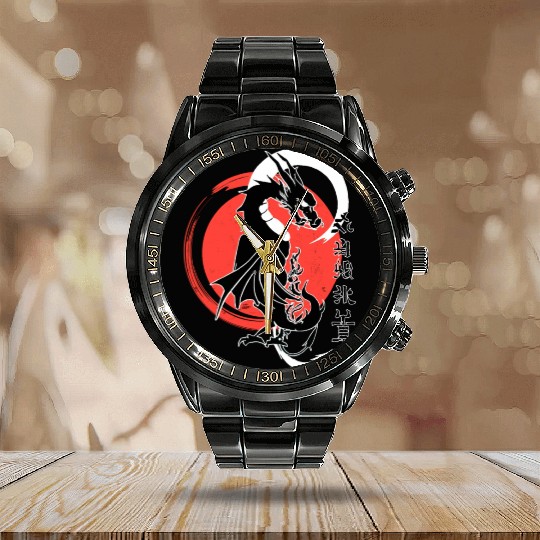 Black dragon, red moon Calendar Steel Band Watch