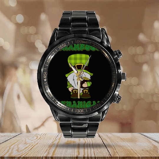 classic gnome design with a green shamrock hat Calendar Steel Band Watch