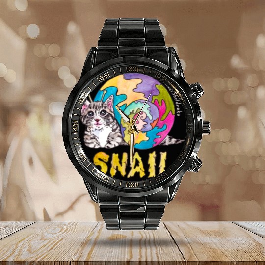 Psychedelic Kitten Snail Calendar Steel Band Watch