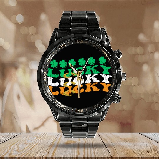 Lucky Shamrock St. Patrick's Day Saint Paddy's Calendar Steel Band Watch