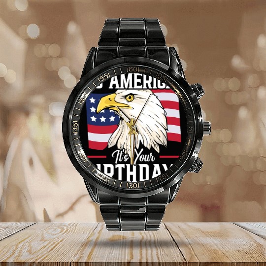 Patriotic America USA Flag 4th Of July American Calendar Steel Band Watch