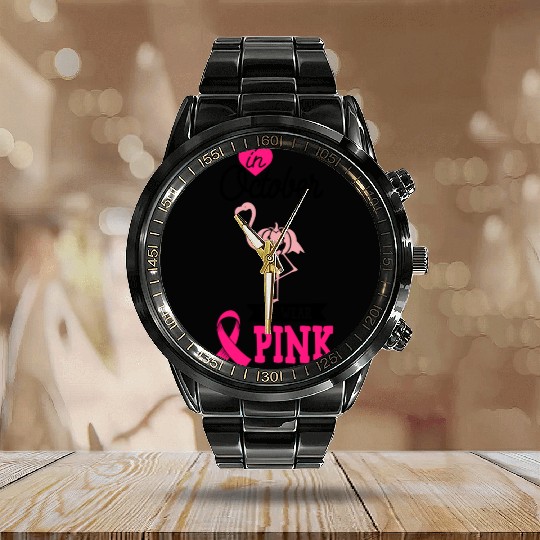 In October We Wear Pink Flamingo Pumpkin Calendar Steel Band Watch