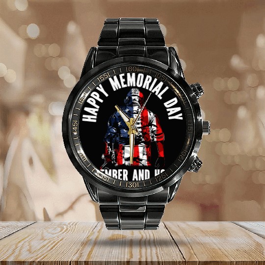 Patriotic Veteran USA Flag American Memorial Day Calendar Steel Band Watch