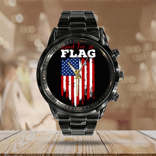Stand For The Flag Veteran USA Flag Memorial Day Calendar Steel Band Watch