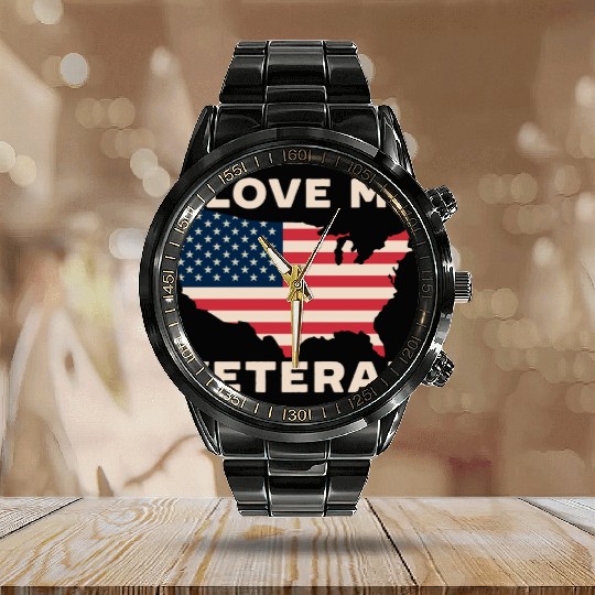 I Love My Veteran USA Flag American Memorial Day Calendar Steel Band Watch