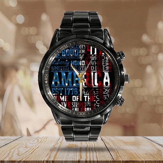 Patriotic Veteran USA Flag American Memorial Day Calendar Steel Band Watch