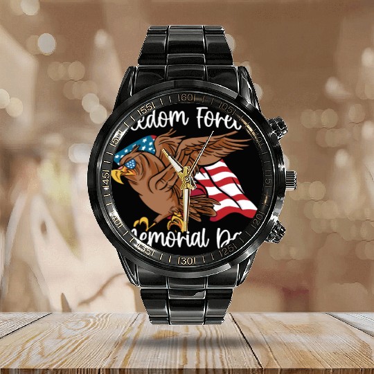 Patriotic Veteran USA Flag American Memorial Day Calendar Steel Band Watch