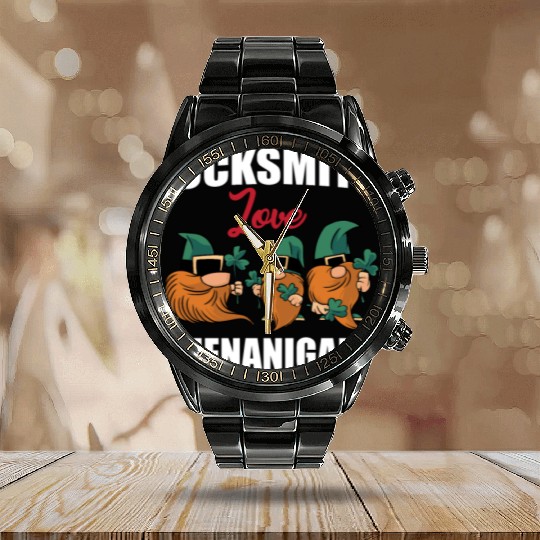 Locksmith Love Shenanigans St. Patricks Day Gnomes Calendar Steel Band Watch