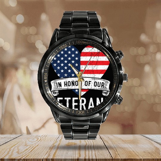 Patriotic Veteran USA Flag American Memorial Day Calendar Steel Band Watch
