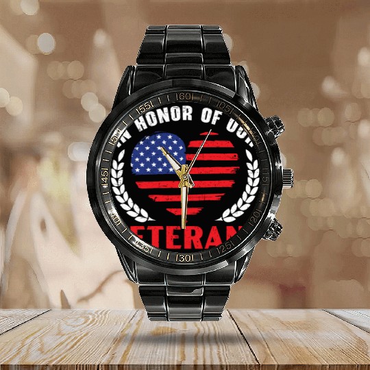Patriotic Veteran USA Flag American Memorial Day Calendar Steel Band Watch