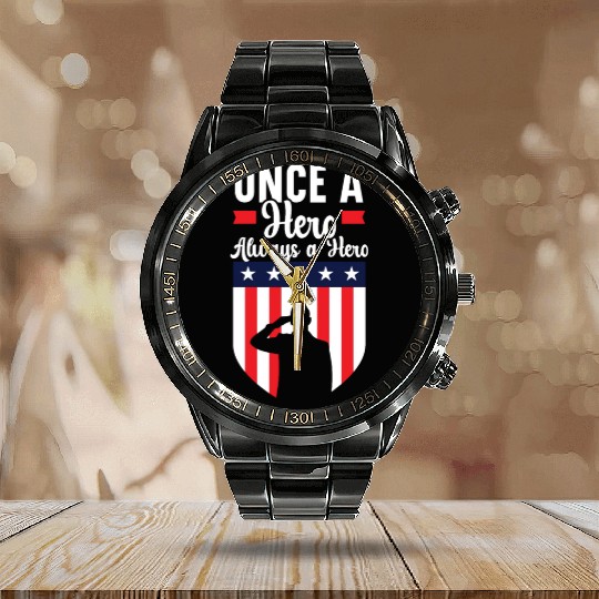 Once A Hero Always A Hero USA Flag Memorial Day Calendar Steel Band Watch