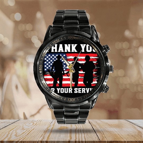 Patriotic Veteran USA Flag American Memorial Day Calendar Steel Band Watch