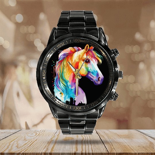 Watercolor Horse Pony Colorful Pet Ponys Lover Calendar Steel Band Watch