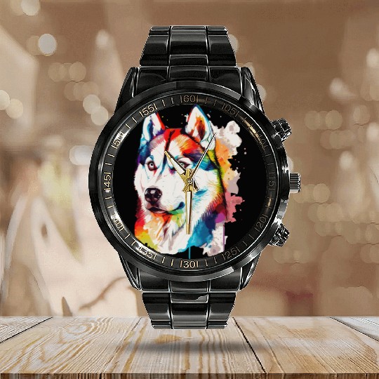 Watercolor Siberian Husky Colorful Husky Dog Lover Calendar Steel Band Watch