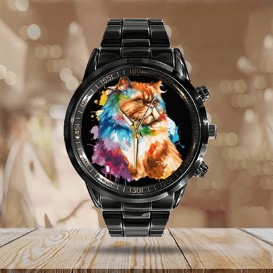 Watercolor Persian Cat Colorful Persian Cats Lover Calendar Steel Band Watch