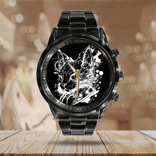 Space Cat In Vintage Tattoo Style Calendar Steel Band Watch