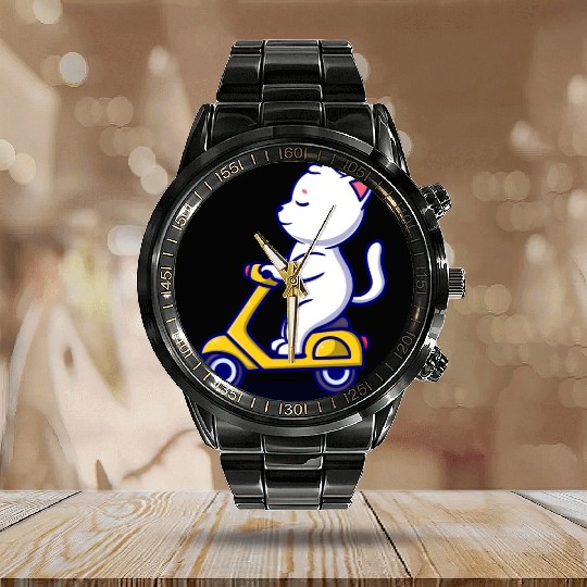 cute cat rid scooter cartoon icon illustration Calendar Steel Band Watch