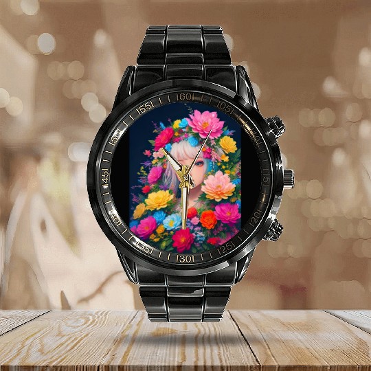 Spring Girl with a bouqet of flowers garland #16 Calendar Steel Band Watch