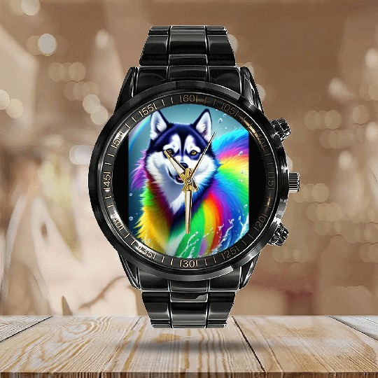 Husky dog with rainbow splashes of colors Calendar Steel Band Watch