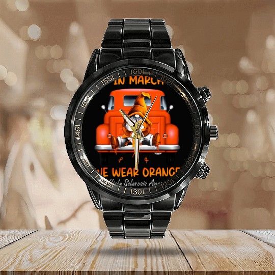 Gnome Sitting On Truck In March We Wear Orange T Calendar Steel Band Watch