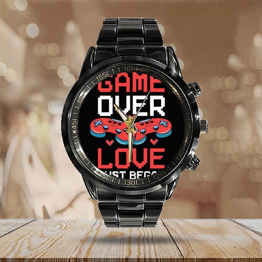 Valentine's Day Gamer Playing Video Game Couples Calendar Steel Band Watch