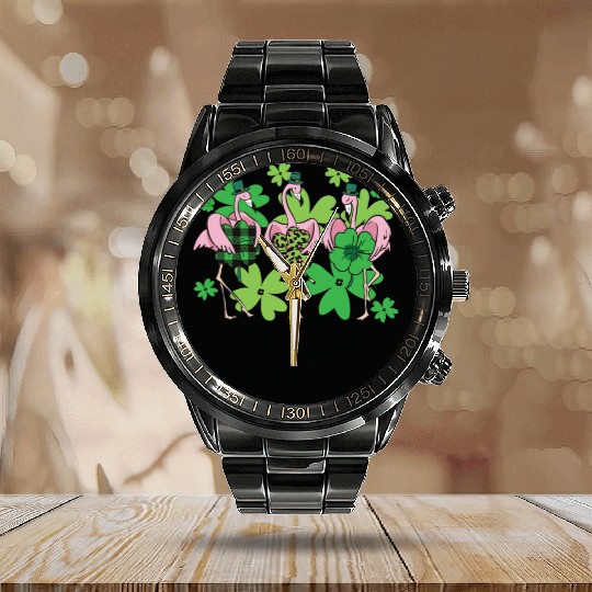 Irish Flamingo Saint Patrick s Day Calendar Steel Band Watch