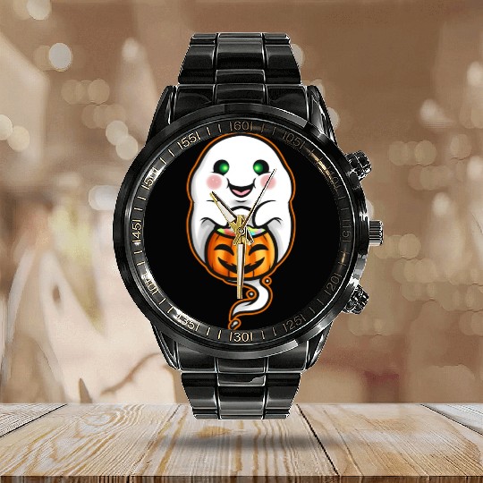 Kawaii Ghost Holding Pumpkin Trick Or Treat Bag Calendar Steel Band Watch