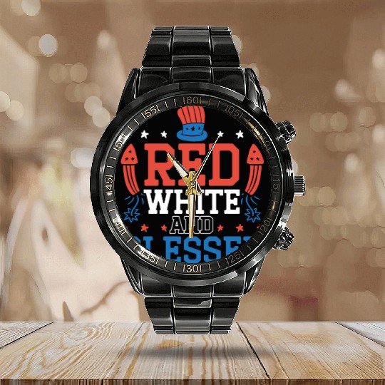 Red White And Blessed America USA Flag 4th Of July Calendar Steel Band Watch