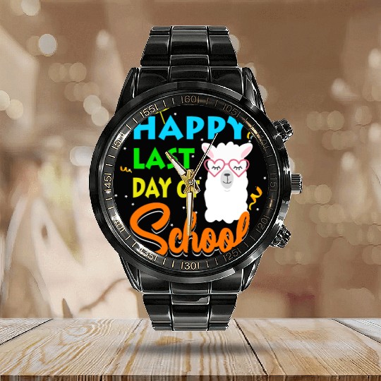 Last Day Of School Alpaca Llama With Sunglasses Calendar Steel Band Watch