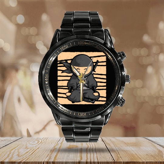 Serenity Ninja Fan Calm Yoga Lover Peaceful Calendar Steel Band Watch