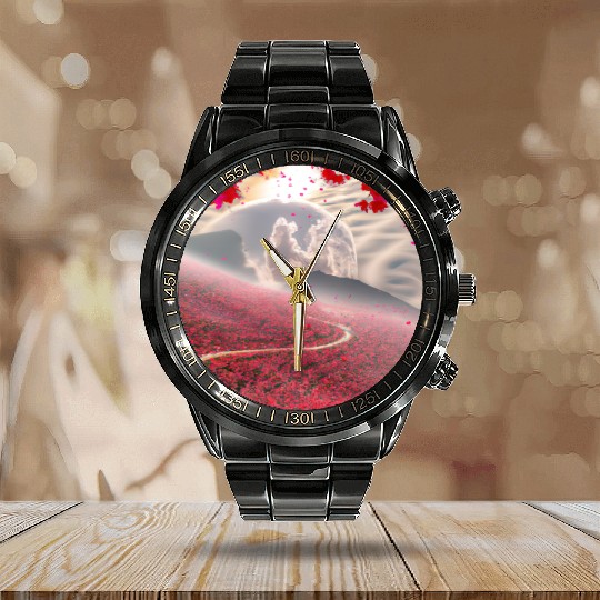 Misty Mountain Cherry Blossom Landscape Calendar Steel Band Watch