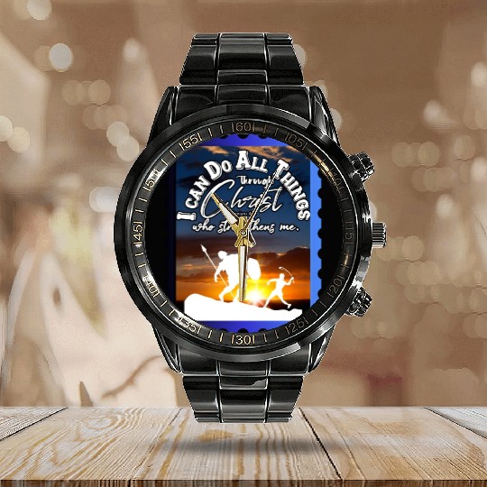 I Can Do All Things Through Christ.Bible, Sunset Calendar Steel Band Watch