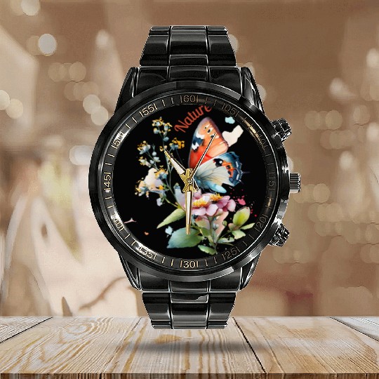 Nature and Butterflies - Watercolor Flowers Calendar Steel Band Watch
