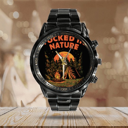 Tucked in Nature Camping Wildlife Camper Outdoor H Calendar Steel Band Watch