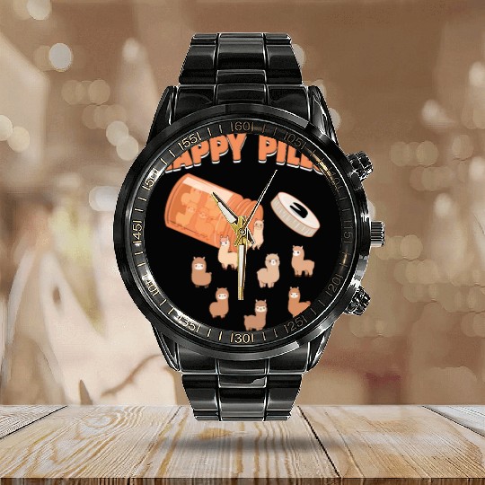 Happy Pills Alpaca Funny Farm Animal Lovers Humor Calendar Steel Band Watch