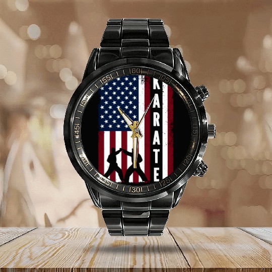 Karate Vintage Us Flag Calendar Steel Band Watch
