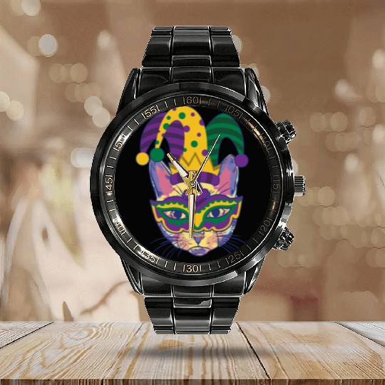 Mardi Gras Cat Cosplayer Jester Mask Costume Calendar Steel Band Watch
