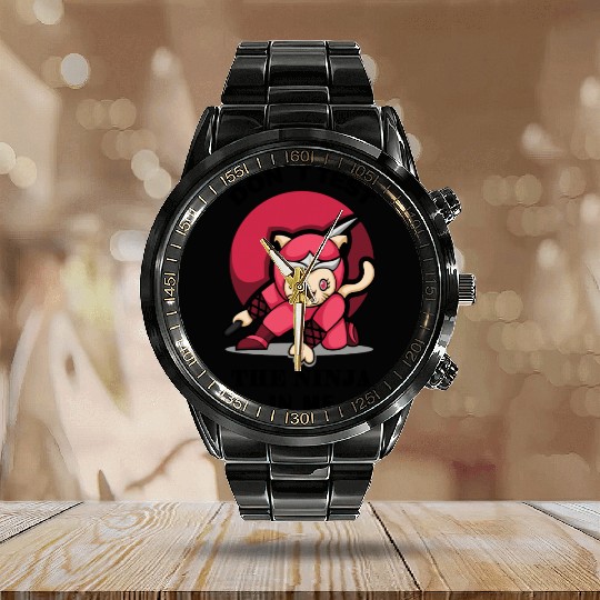 Karate Ninja Cat Kung Fu Calendar Steel Band Watch