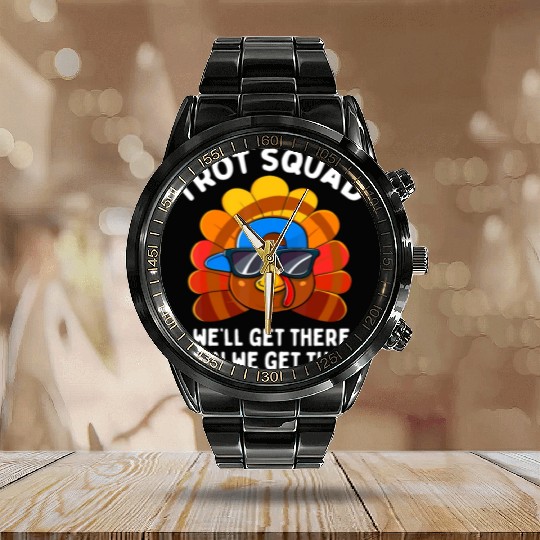 Turkey Trot Squad Funny Thanksgiving Running Costu Calendar Steel Band Watch