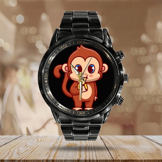 Cute Monkey Eating Banana Cartoon Calendar Steel Band Watch
